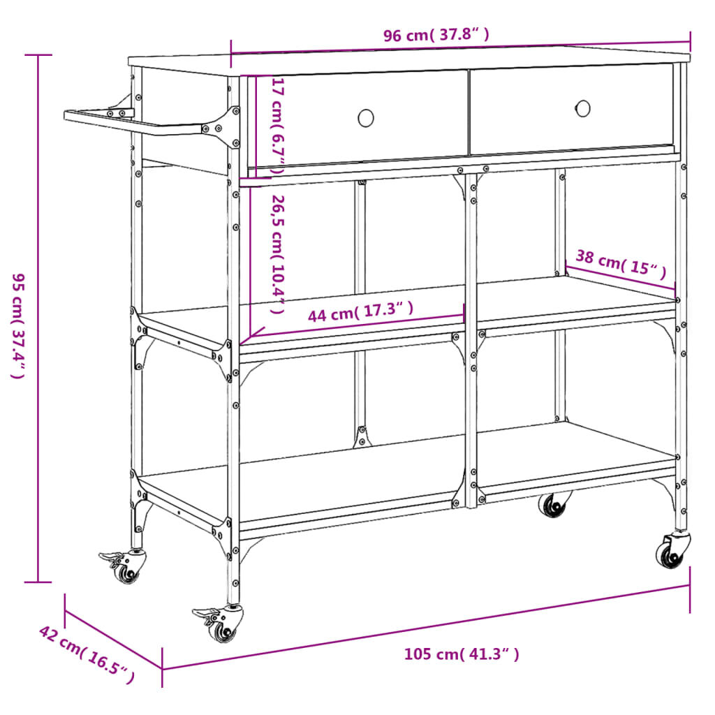 vidaXL Kitchen Trolley Brown Oak 41.3"x16.5"x37.4" Engineered Wood